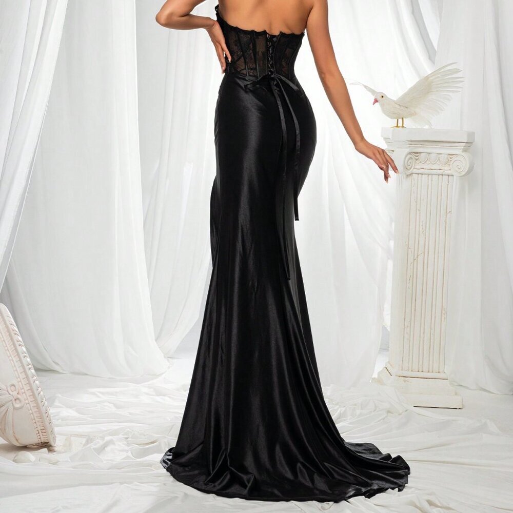 Black Preppy Women's Fishbone Style Thigh-High Elegant Strapless Evening Dress - Picture 2 of 5